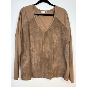 Ecru Womens Brown Suede Front V-Neck Long Sleeve Top Whipstitch Detail Size L